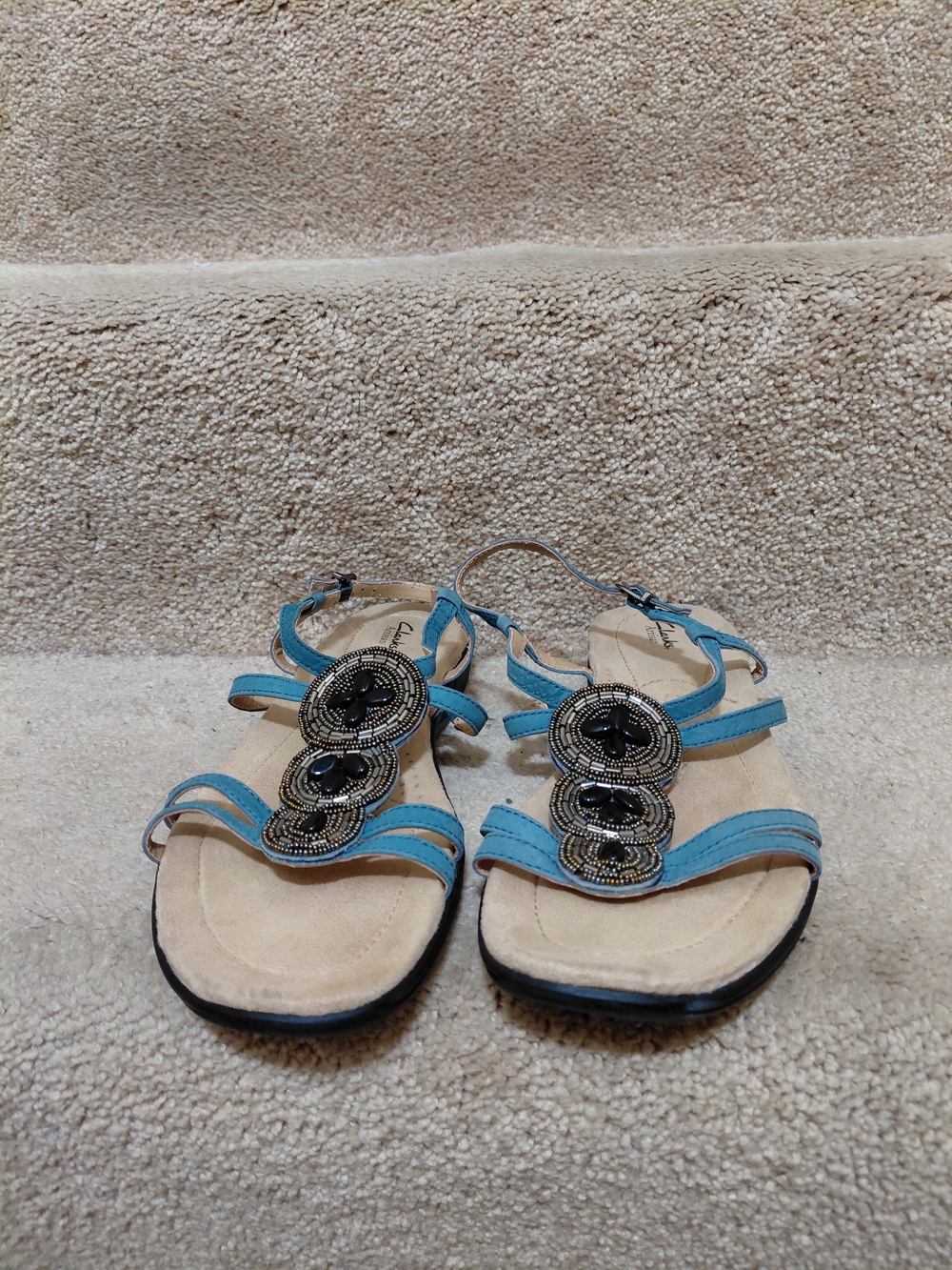 Clarks Blue Beaded T-Strap Sandals for Women
